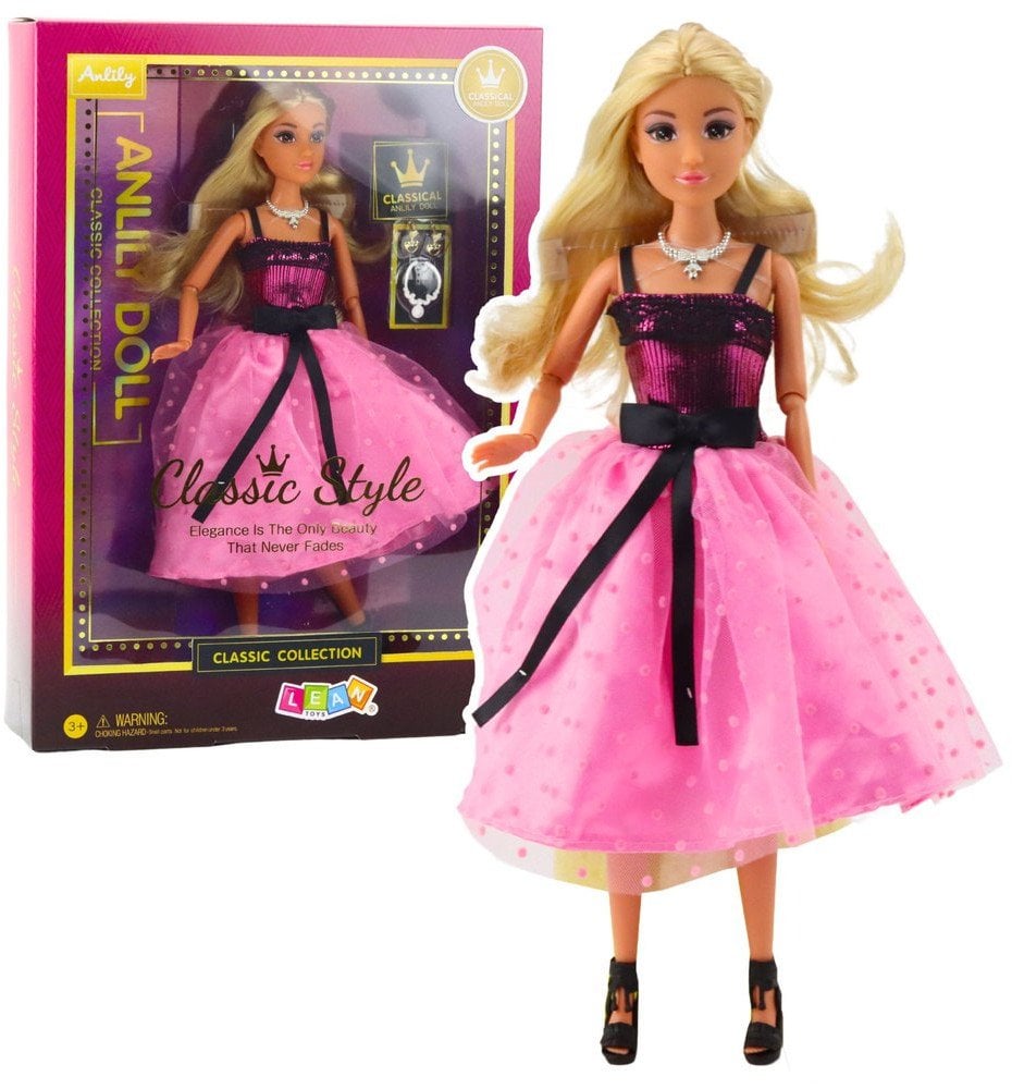 LeanToys Lalka Anlily W Różowej Sukience Z Czarną Kokardą Kolczyki Naszyjnik