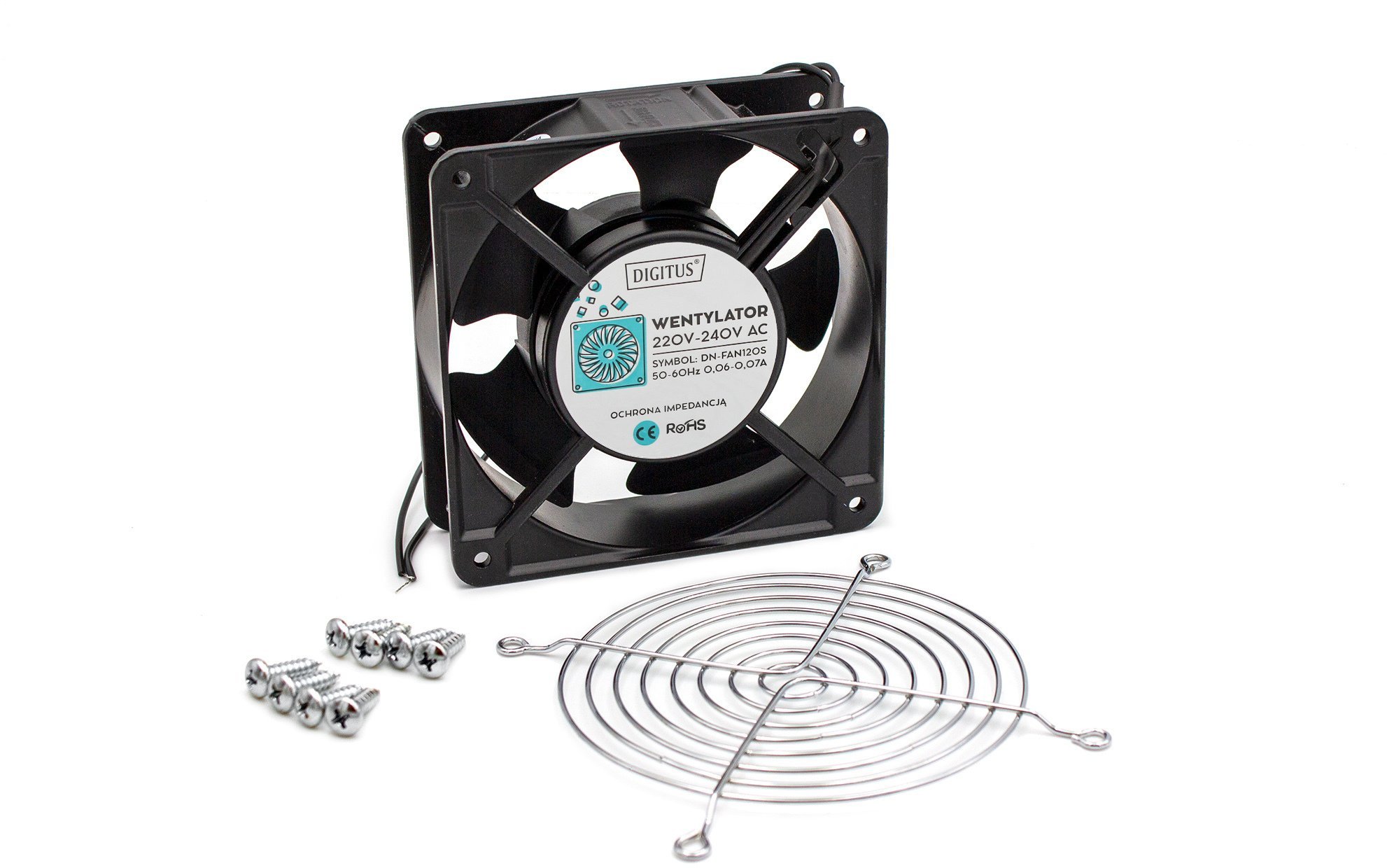 Zestaw: wentylator DN-FAN120S, osłona metalowa DN-FAN120/GR, wkręt DN-FAN-M4.8 - 8 szt DN-FAN120S-KIT