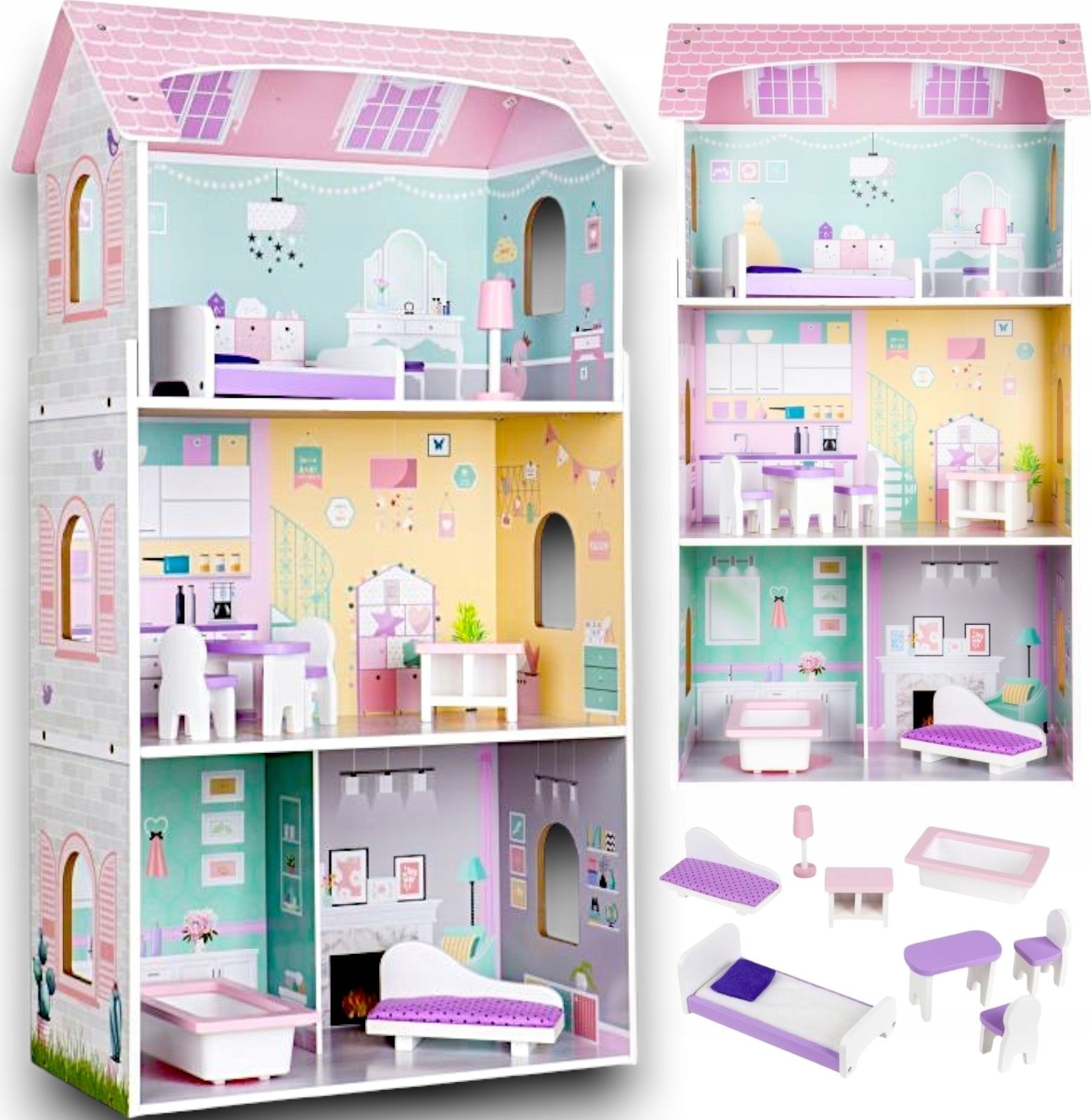 Drewniany domek dla lalek + Mebelki