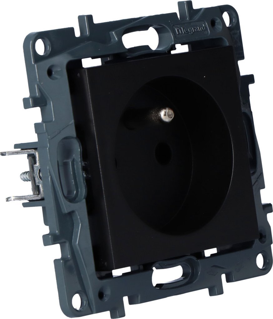 Legrand Gniazdo zasilające pojedyncze z uziemieniem, zaciski śrubowe, bez przesłony styków- kolor czarny, NILOE STEP