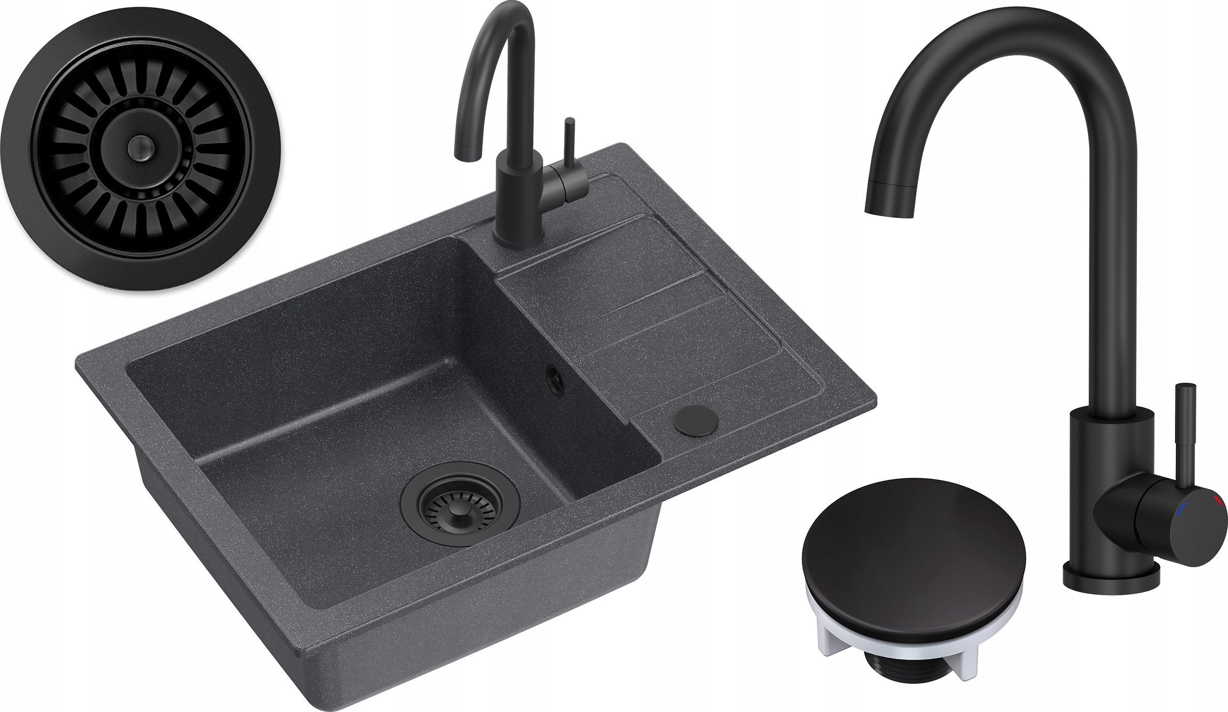 Zlewozmywak GraniteQ GO- SMART CZARNY zlewozmywak granitowy 1-k z/o (62x44x17,5) + bateria very black + syfon manualny z zaślepką very black