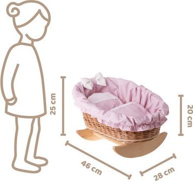 WickerPL Bujane ŁÓŻECZKO KOŁYSKA Z WIKLINY DLA LALEK Z POŚCIELĄ 46X28 H 20/25 CM