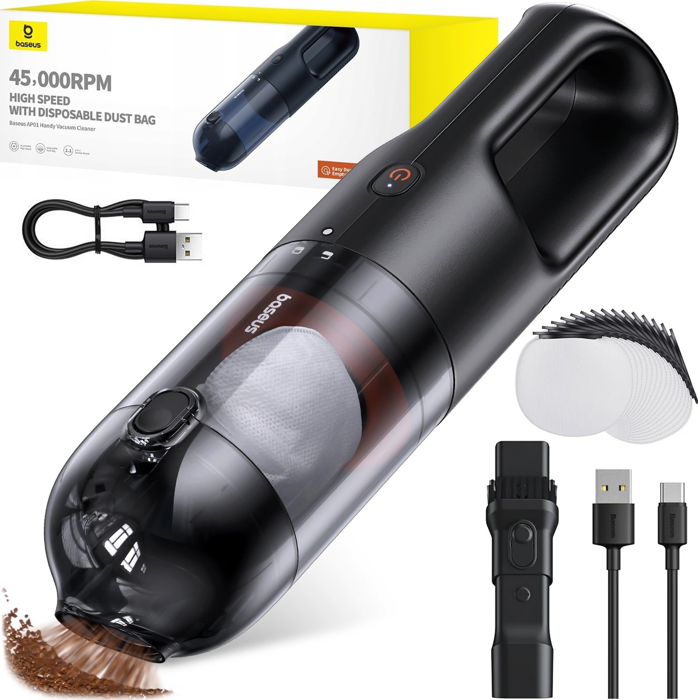 Odkurzacz ręczny Baseus Odkurzacz samochodowy bezprzewodowy mocny 85W Baseus AP01 15 worków 5000Pa USB-C - czarny