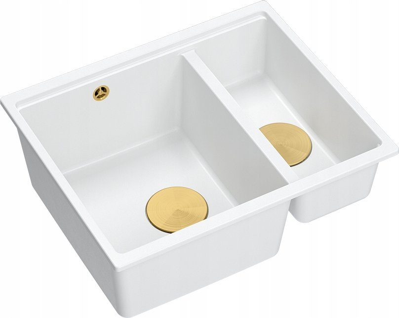Zlewozmywak GraniteQ QUADRON | LOGAN 150 | granitowy zlewozmywak kuchenny BIAŁY + ZŁOTO PVD | wymiary: 56 x 46 x 22 cm | 1,5-komorowy podwieszany | po