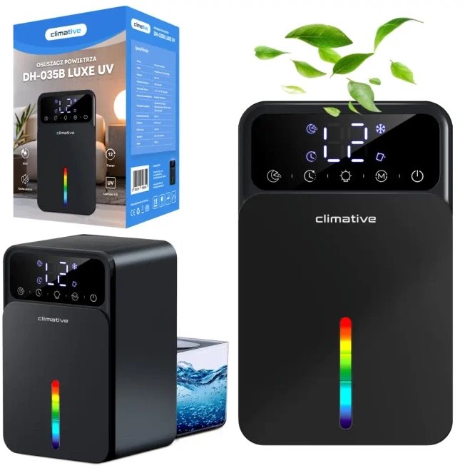 Climative DH-035 Luxe UV osuszacz powietrza z lampą UV higrometr termometr podświetlany zbiornik Peltiera tryb snu cicha praca akcesoria filtracja pow