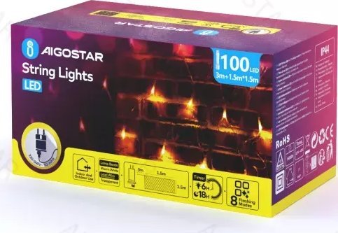 Lampki choinkowe Aigostar Niskonapięciowe lampki choinkowe siatka 100led Ciepła biel 1,5x1,5m Niskonapięciowa płaska taśma świetlna siatkowa, Ciepła