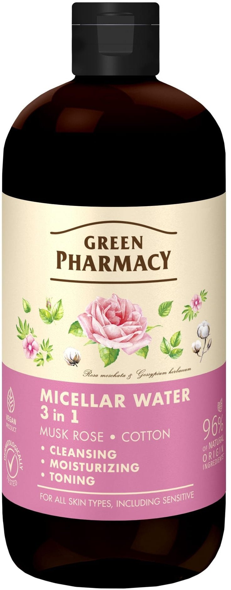 GREEN PHARMACY Woda micelarna 3w1 Róża piżmowa i Bawełna 500 ml