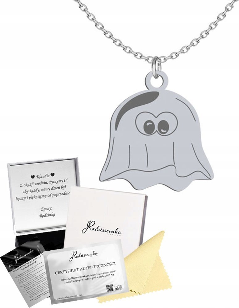 Radziszewska Jewellery Naszyjnik Srebrny z Duszkiem Halloween Łańcuszek 925 Prezent GRAWER