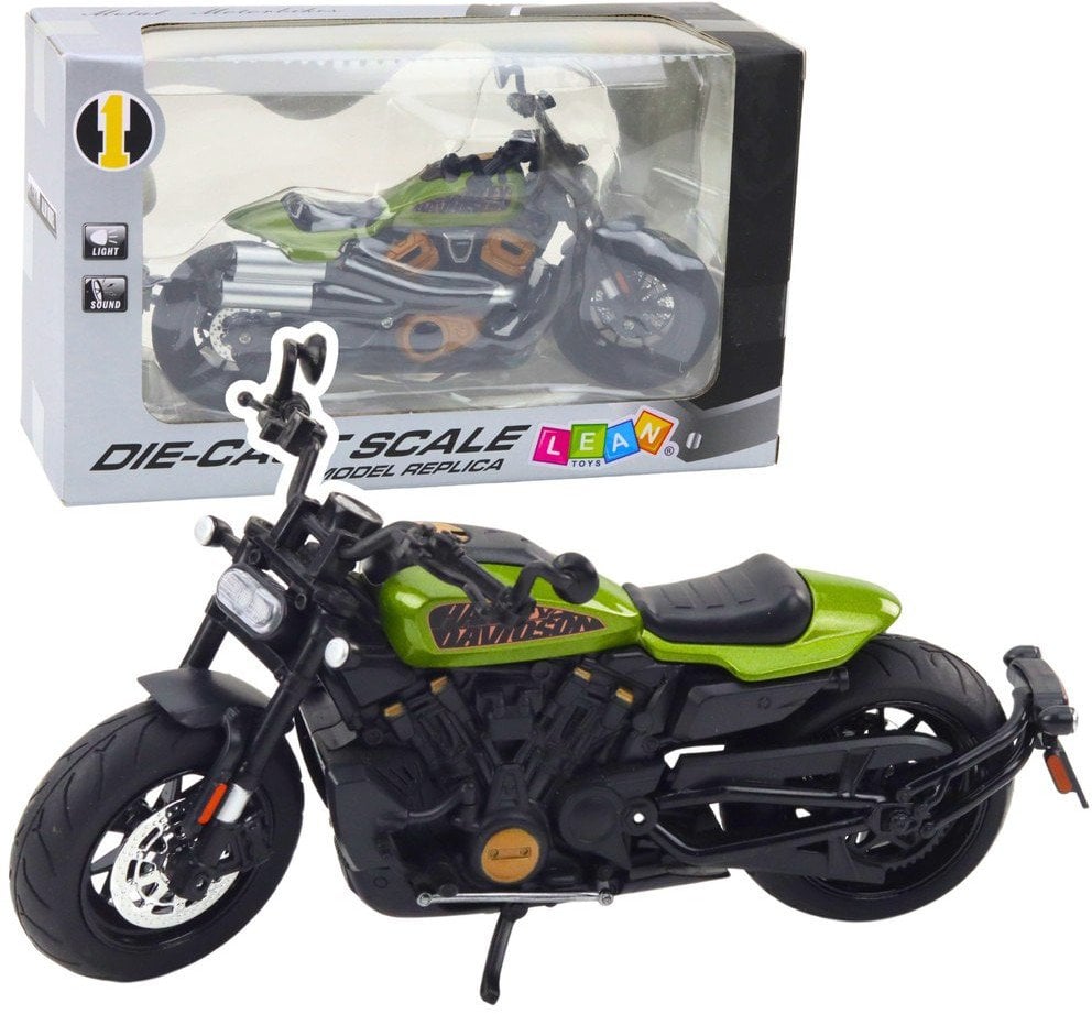 Motocykl Chopper Metalowy Światła Dźwięki Czarny Zielone Elementy 1:12