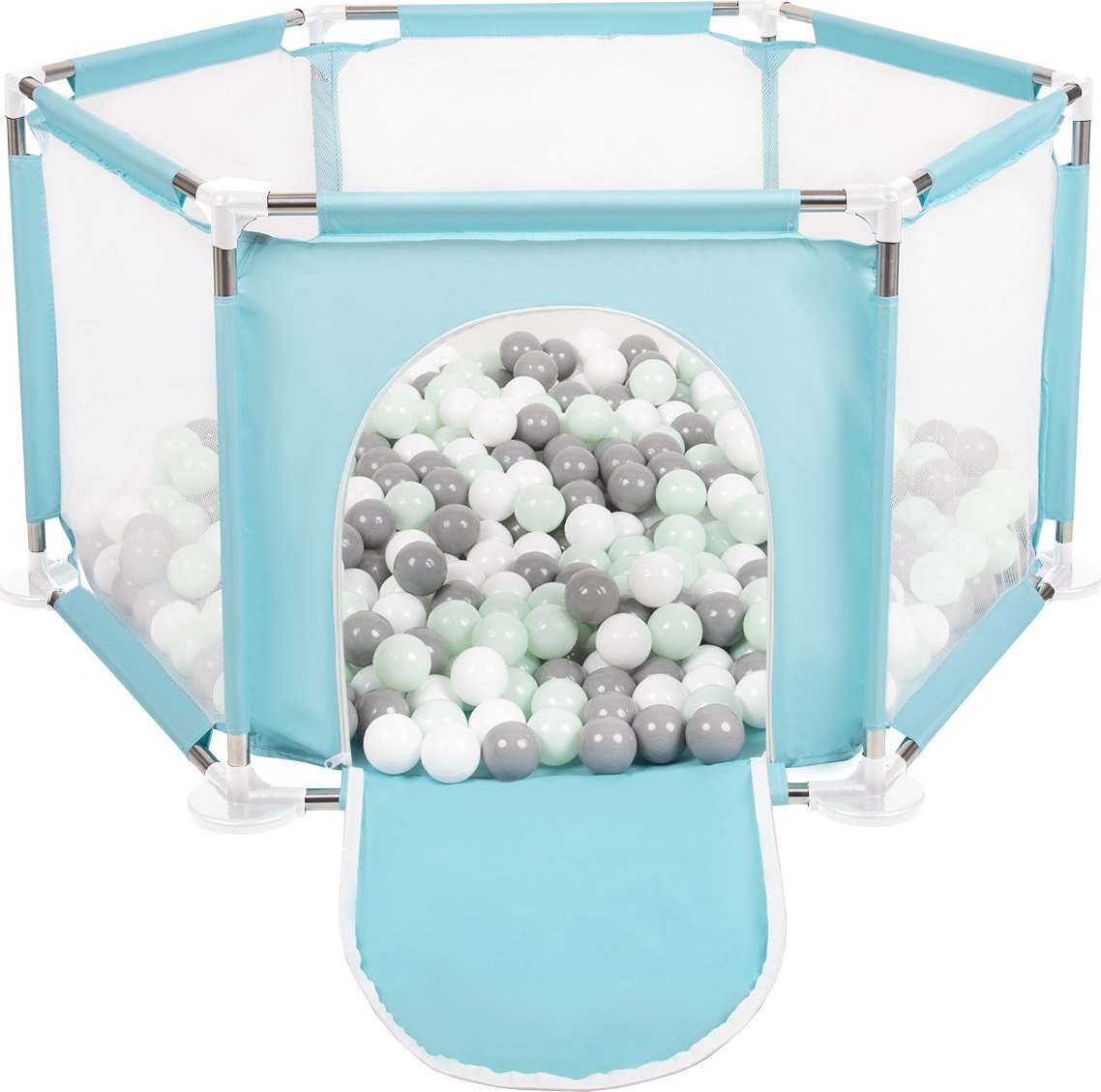 Selonis Selonis Sześciokąt składany KS-100X z piłeczkami 6cm miętowy: biały-szary-mięta 63x64/900piłek Zabawka kojec