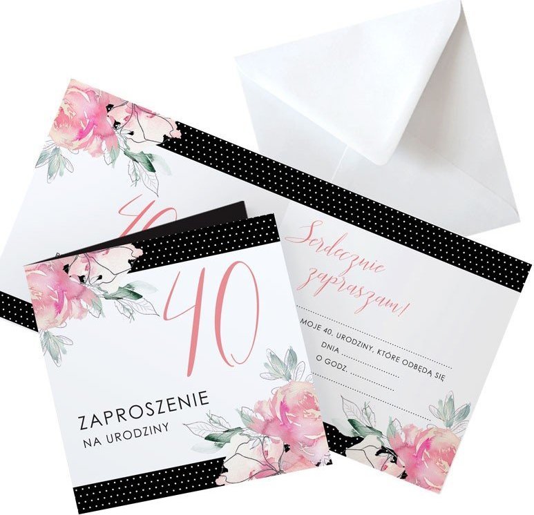 ZAPROSZENIA na 40 urodziny Kwiatowe Groszki 10szt (+koperty)