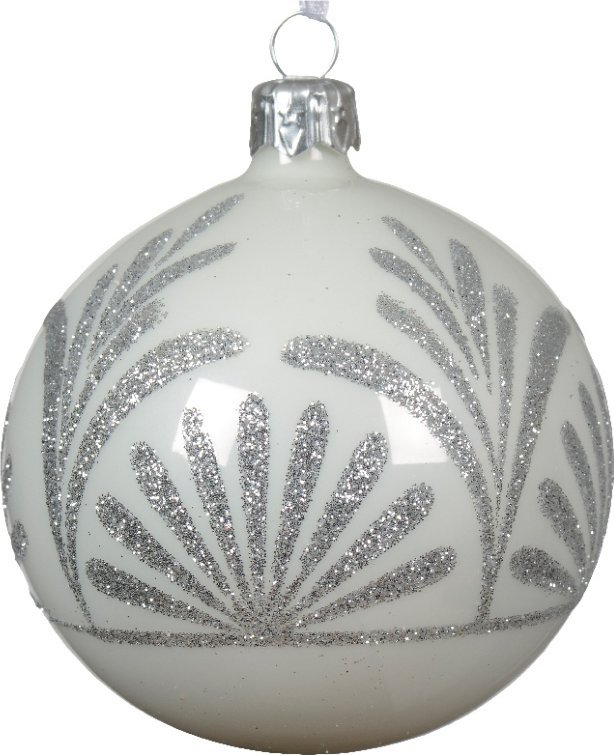 Kaemingk Szklana bombka choinkowa 8cm Biała ze srebrnym wzorem dekoracyjna