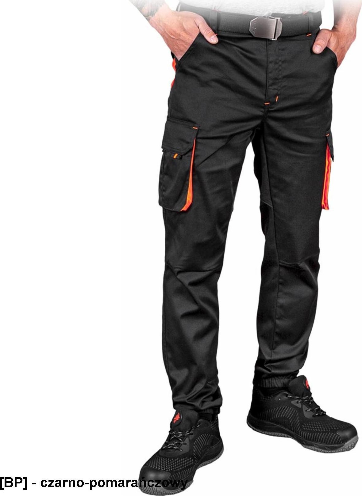 R.E.I.S. LAND-JOG-T - Elastyczne spodnie ochronne do pasa LAND-JOG męskie 62% poliester, 35% bawełna, 3% elastan 240 g/m2 - czarno-pomarańczowy 50