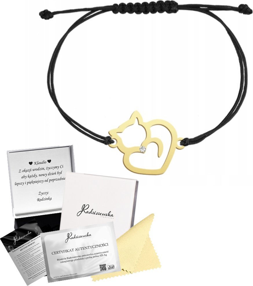 Radziszewska Jewellery BRANSOLETKA ZŁOTA Z KOTKIEM KOT SZNUREK SREBRO 925 PREZENT ŻYCZENIA GRATIS