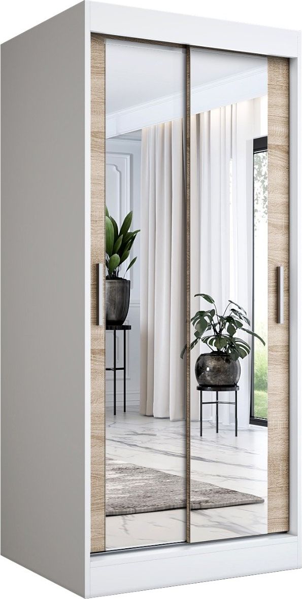 MKPOL Szafa przesuwna MODUO COMFORT 90 biała mat/dąb sonoma z dwoma lustrami