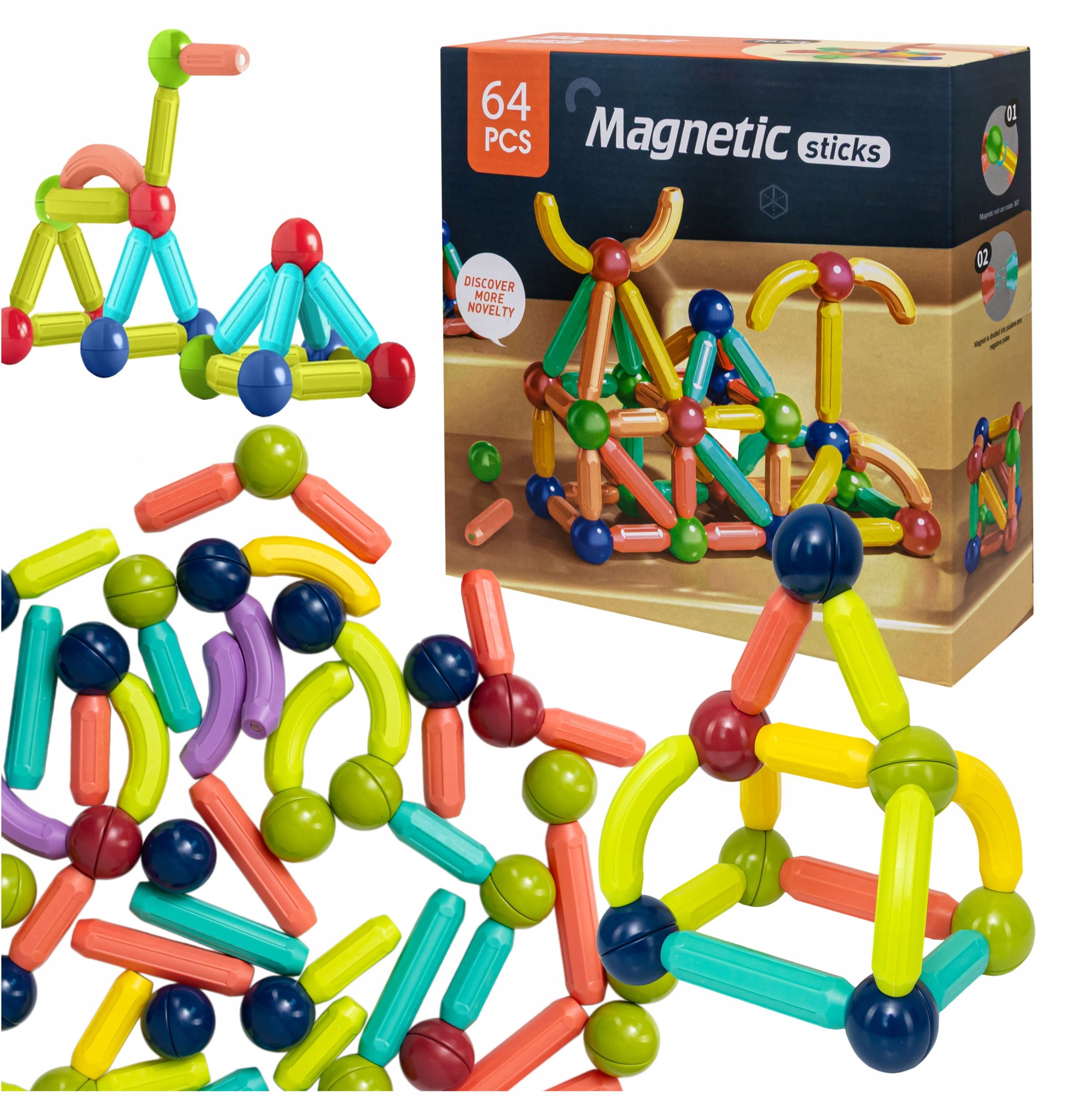 Klocki Magnetyczne Rurki Dla Dzieci Duży Zestaw Edukacyjny Kreatywny 64 El