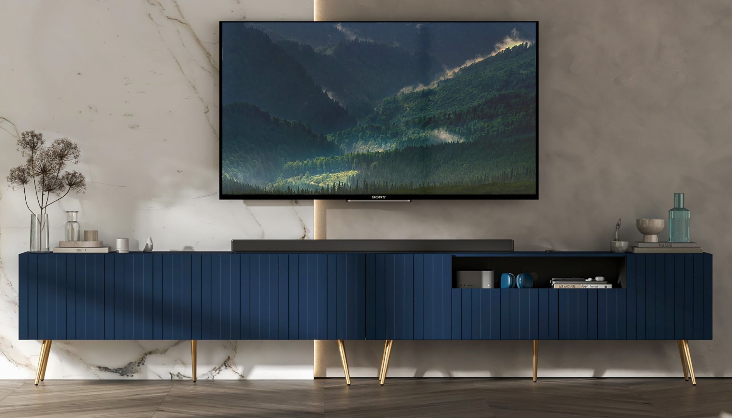 Meble Lindner Komoda RTV Glamour Nowoczesna Szafka RTV Granatowy Mat Ryflowane fronty Złote Nogi Metalowe Loft 300 cm