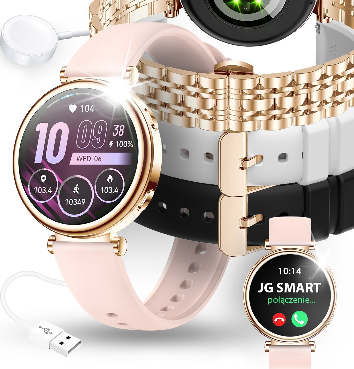 SMARTWATCH DAMSKI ZEGAREK POLSKIE MENU ROZMOWY POWIADOMIENIA SPORT 4 PASKI