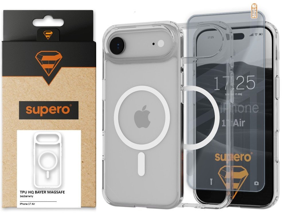 Etui Supero TPU HQ Bayer MagSafe do iPhone 17 Air, przezroczyste + szkło