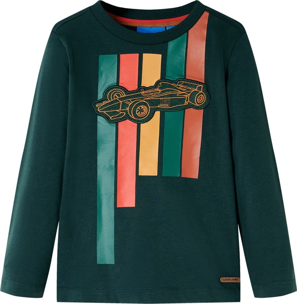 vidaXL Koszulka dziecięca z długimi rękawami, z autem, ciemna zieleń, 128