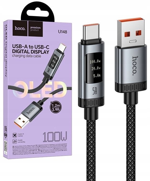 Hoco Kabel z wyświetlaczem USB A do USB C PD 6A 100W 1,2m U148 czarny