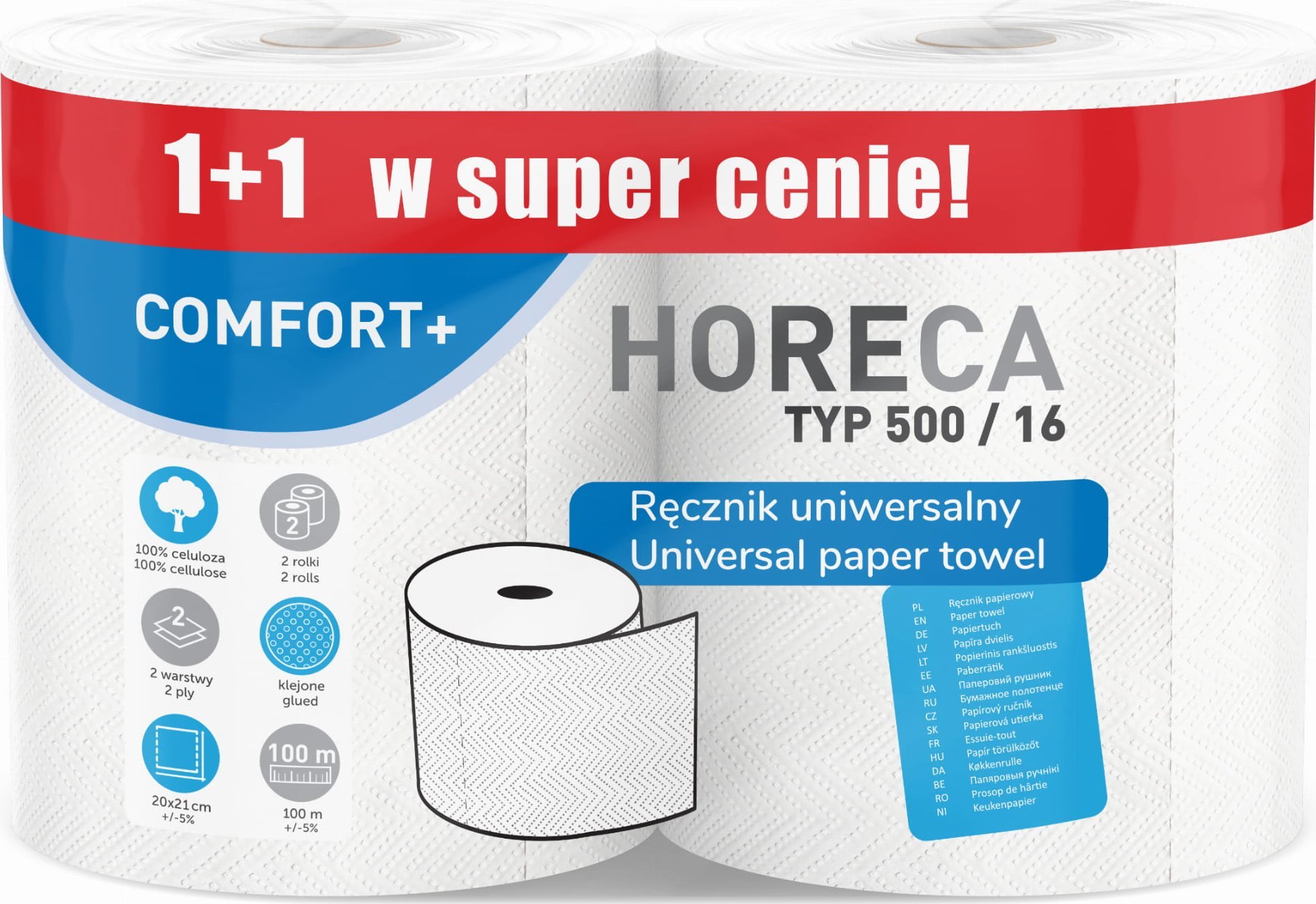 Horeca Ręcznik papierowy 2R HORECA COMFORT+ typ 500/16 100m 2W (1+1) - 2 Rolki
