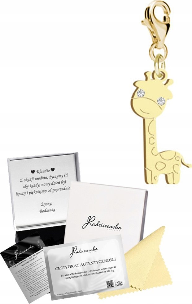Radziszewska Jewellery Złoty Charms ŻYRAFA Karabińczyk SREBRO 925 Prezent DEDYKACJA GRATIS