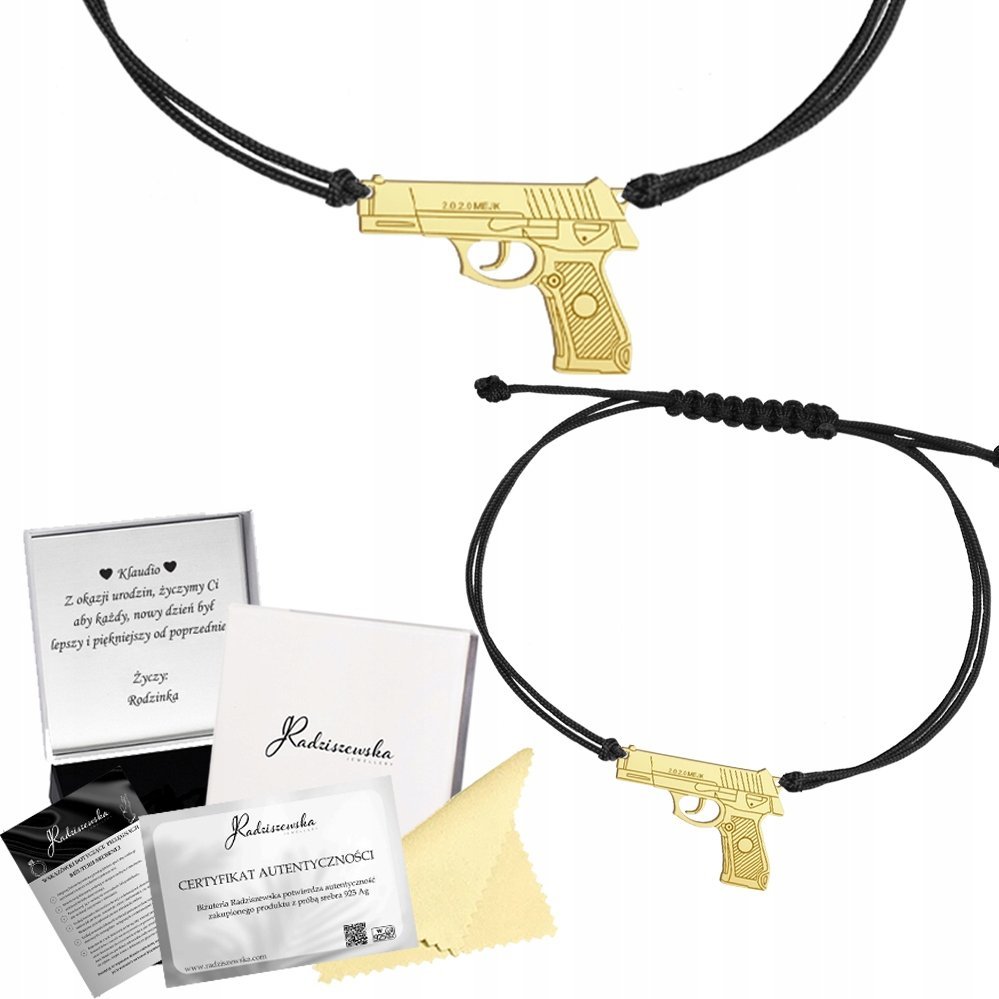 Radziszewska Jewellery Bransoletka Złota z Pistoletem Sznurek 925 Prezent Kobieta GRAWER GRATIS
