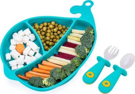 Talerz silikonowy z przyssawką + sztućce Wieloryb