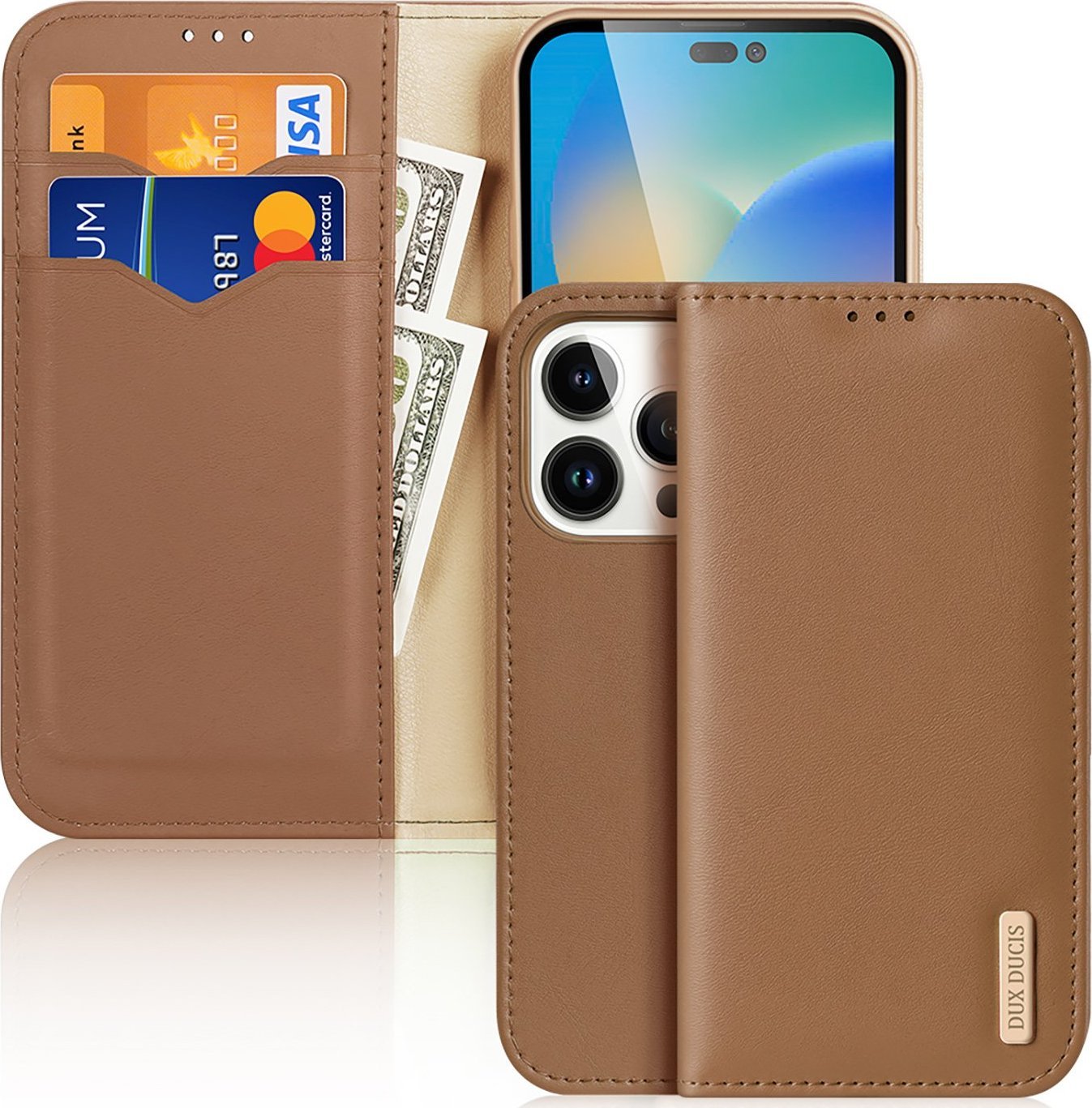 Dux Ducis Dux Ducis Hivo skórzane etui z klapką pokrowiec ze skóry naturalnej portfel na karty i dokumenty iPhone 14 Pro brązowy