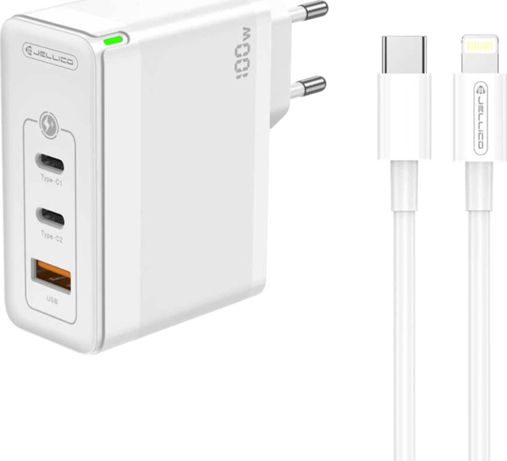 Ładowarka Jellico Ładowarka Sieciowa GaN 100W 1x QC3.0 USB + 2x PD USB-C Jellico C118 + Kabel USB-C - Lightning białe
