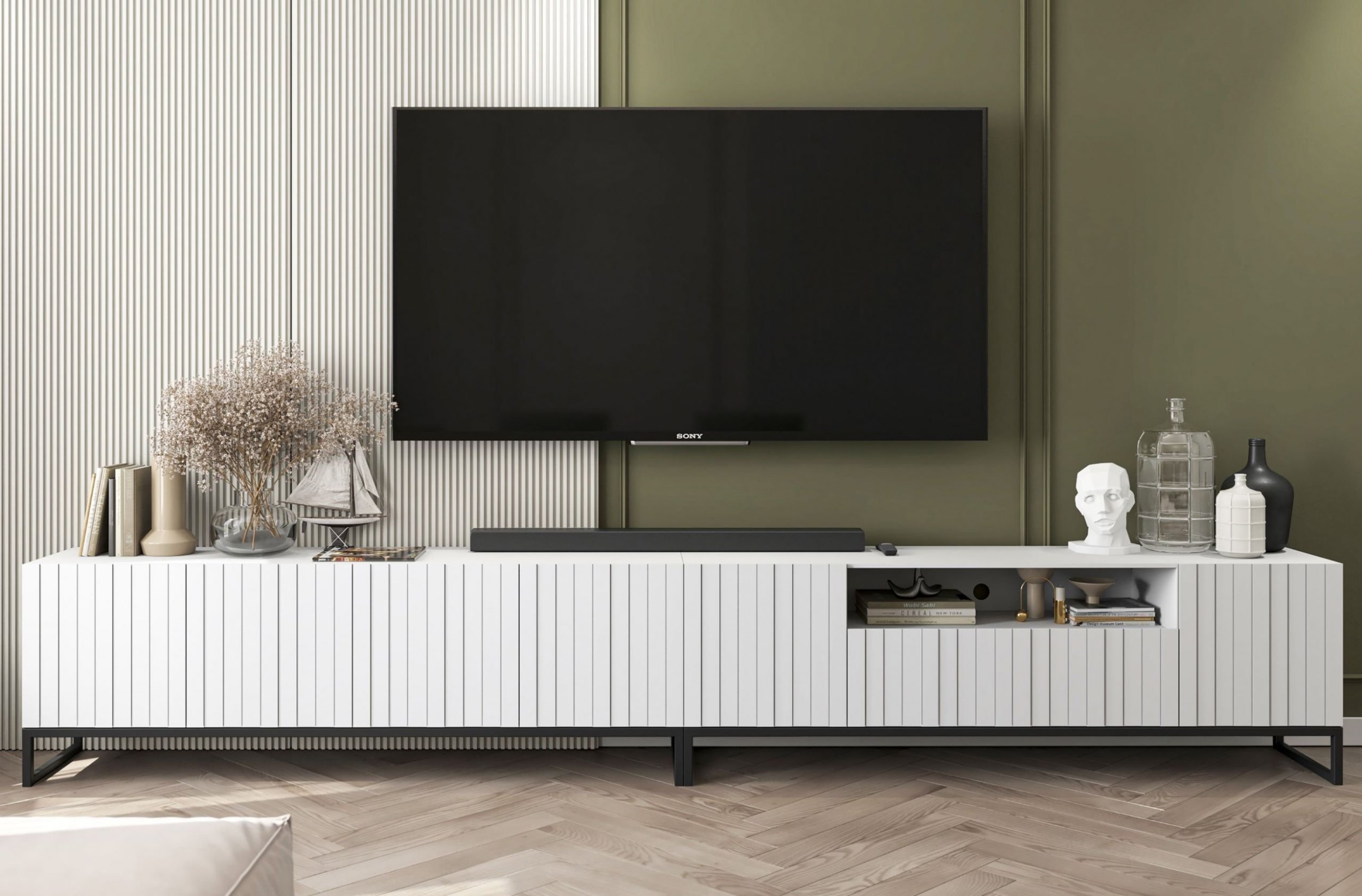 Meble Lindner Nowoczesna Szafka RTV Glamour Komoda RTV Loft Ryflowane Fronty Biały Mat 300 cm