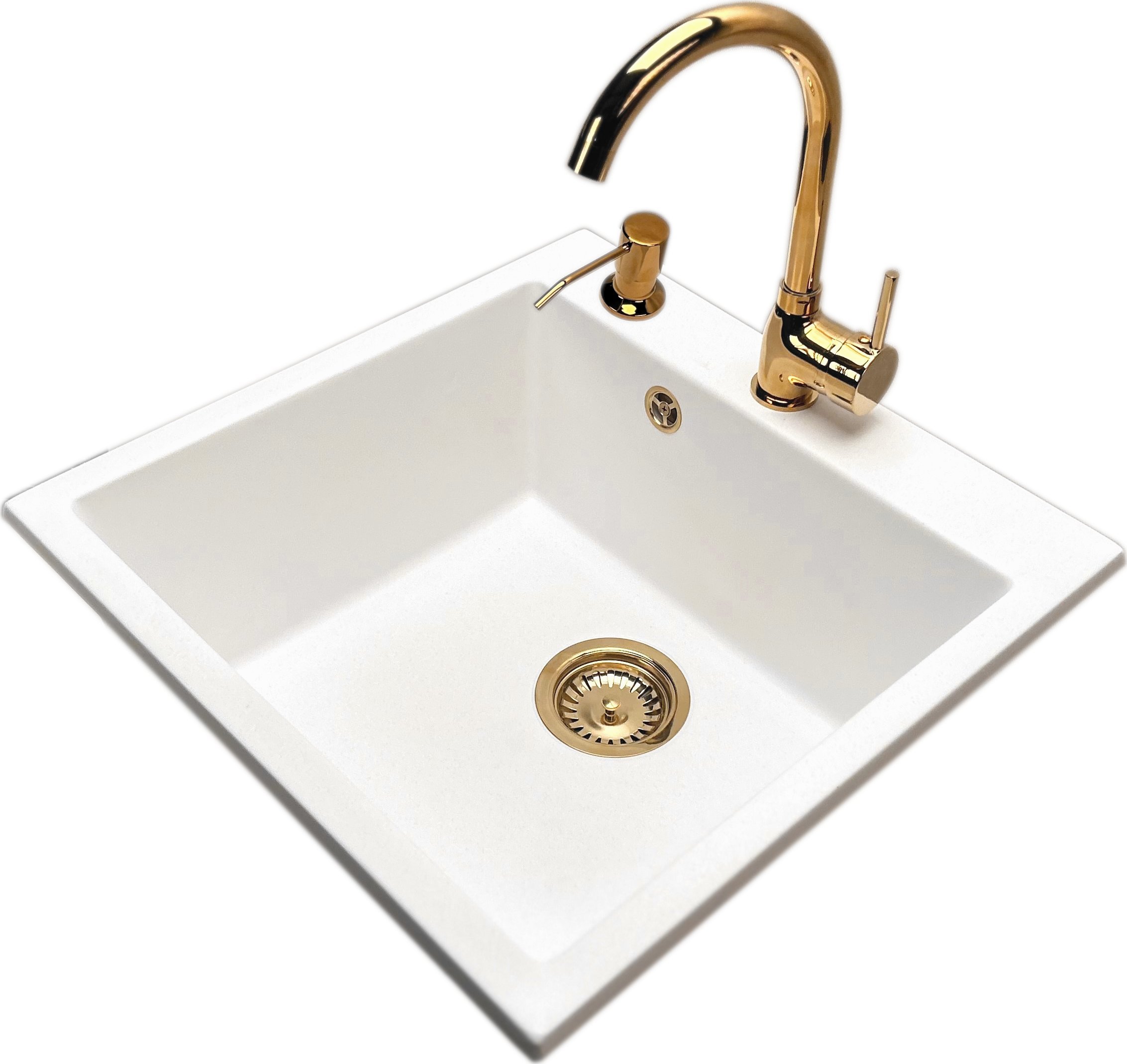 Zlewozmywak PREHNIT Zlewozmywak jednokomorowy FORTINA biały + bateria złota + dozownik