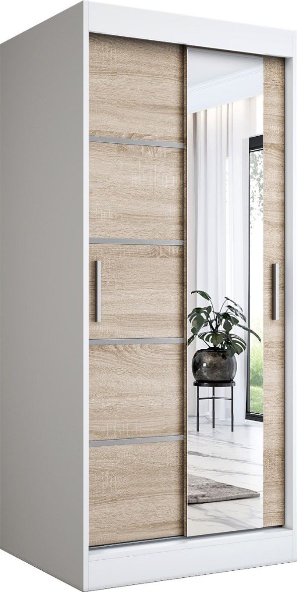MKPOL Szafa przesuwna MODUO COMFORT 2 90 biała mat/dąb sonoma z lustrem