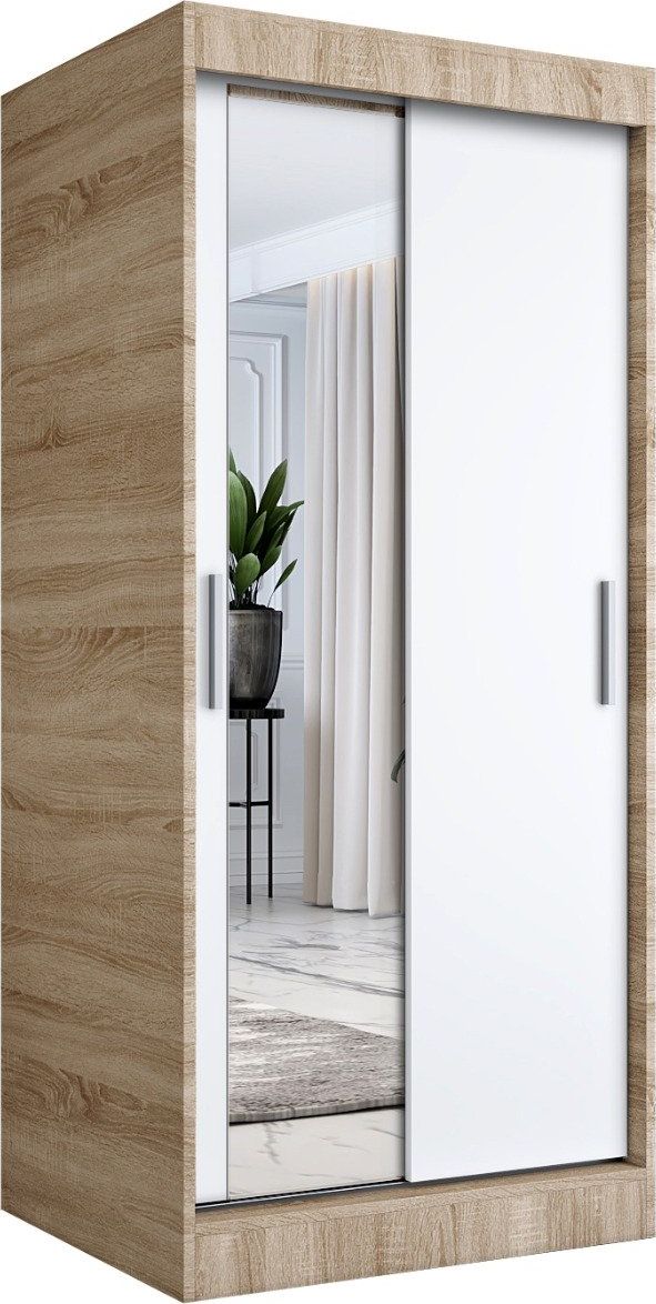 MKPOL Szafa przesuwna MODUO COMFORT 120 dąb sonoma/biała mat z lustrem po lewej