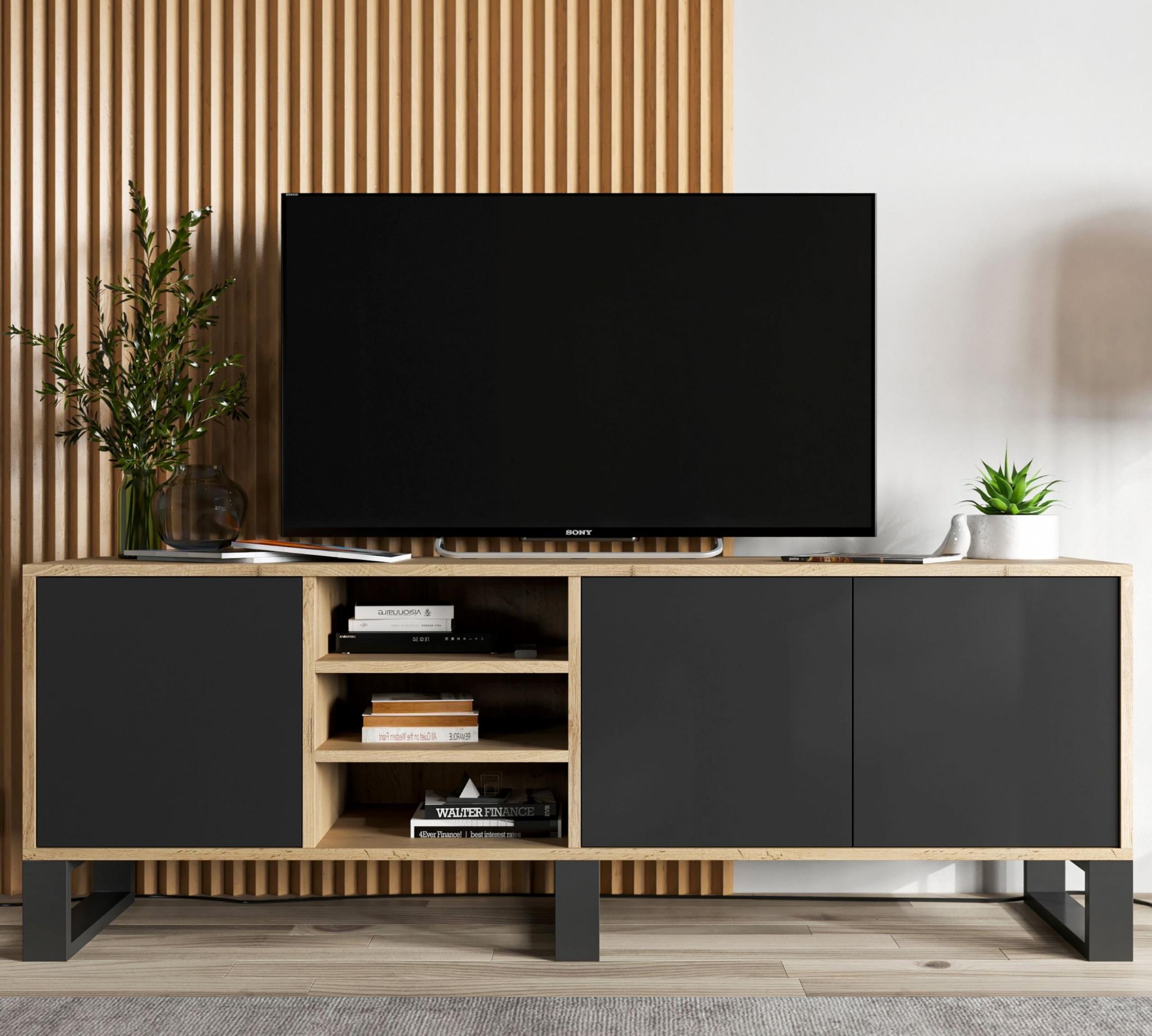 Meble Lindner Szafka RTV Komoda RTV Loft Industrialna 150 cm Wotan czarny MAT