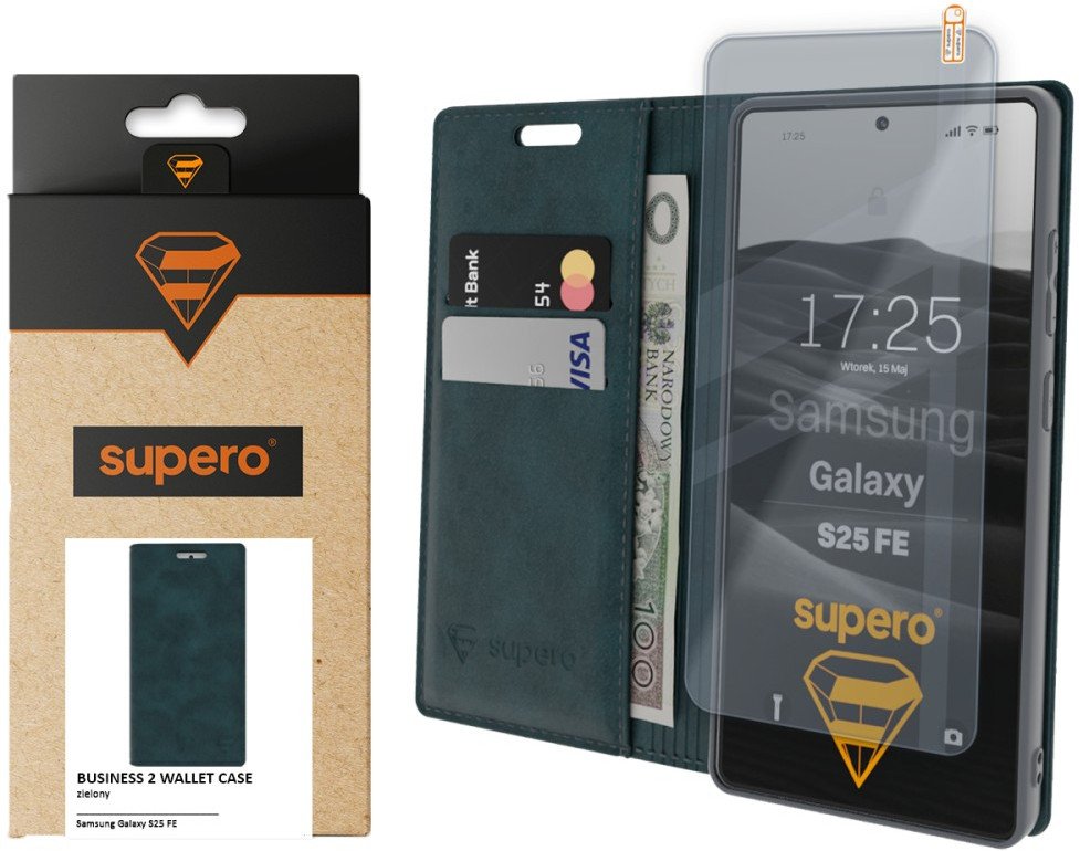 Etui z klapką Supero Business 2 Wallet Case do Samsung Galaxy S25 FE, zielone + szkło