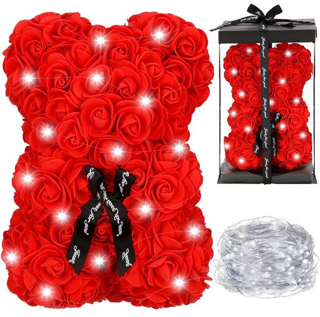 Miś z płatków róż czerwony 25 cm rose bear z kokardką i lampkami LED biały zimny UNIWERSALNY