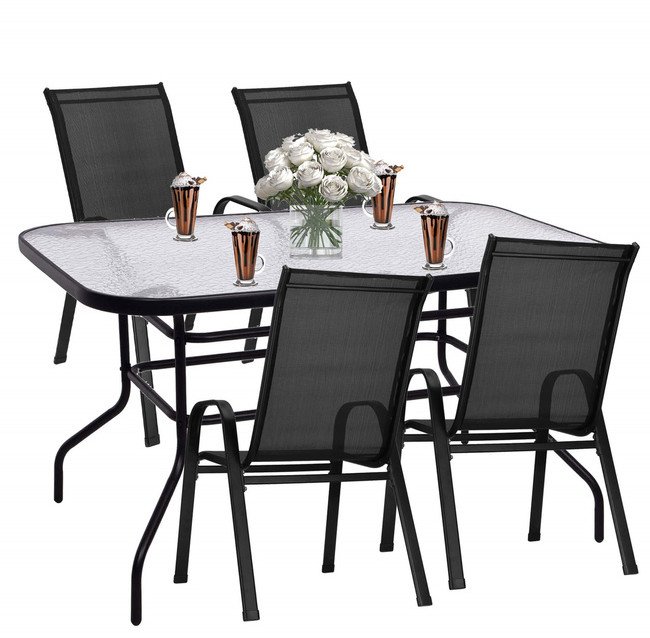 Meble ogrodowe 4 krzesła, stół ze szkłem hartowanym zestaw na taras czarny UNIWERSALNY