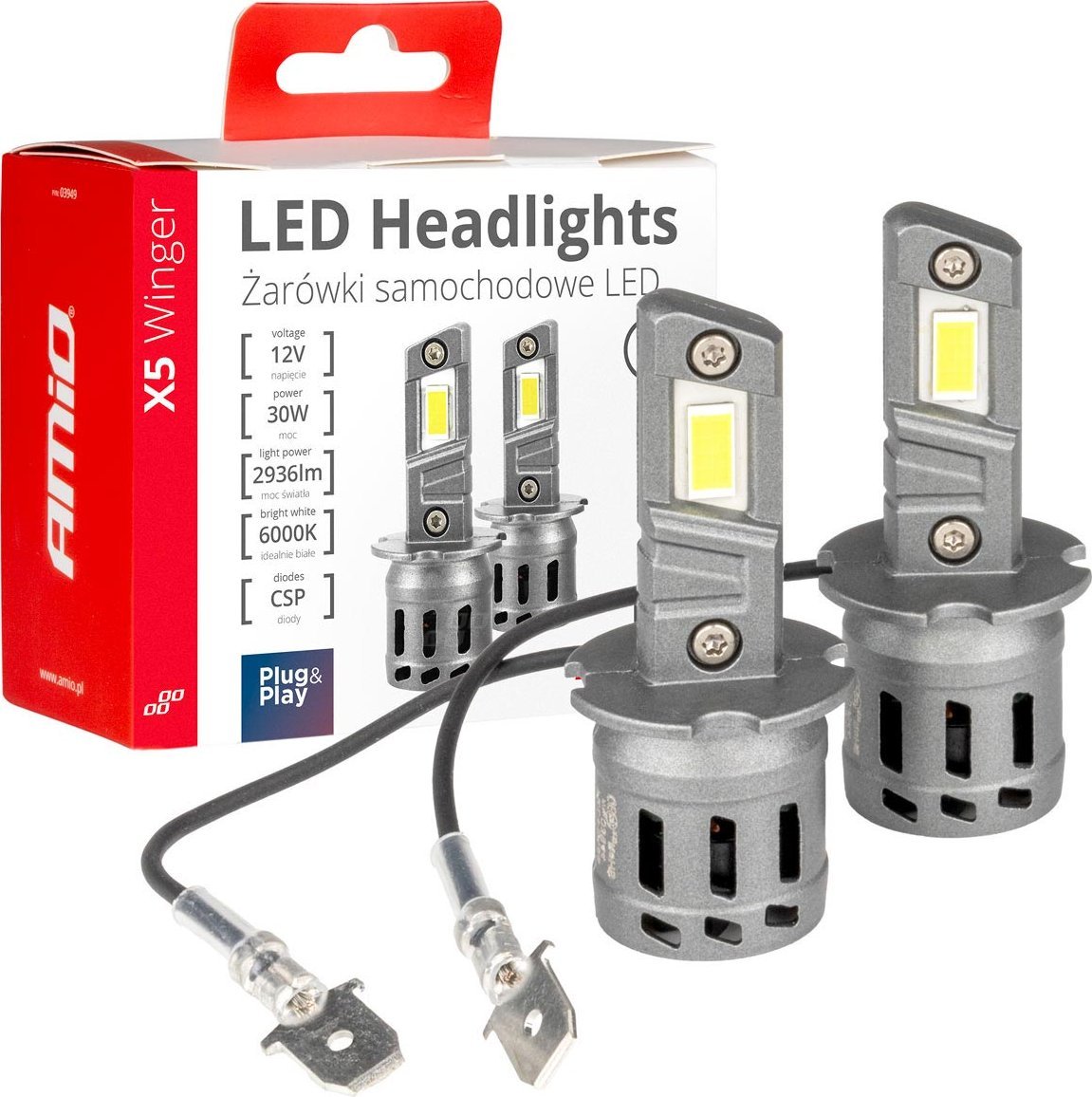 AMiO Żarówki samochodowe led seria x5 winger h3 6000k canbus amio-03944