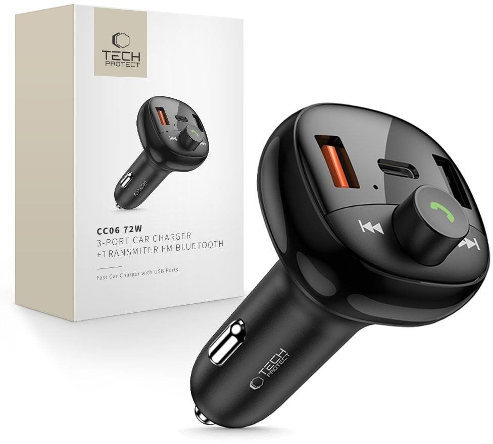 TECH-PROTECT CC06 3-PORT CAR CHARGER PD72W + TRANSMITER FM BLUETOOTH BLACK