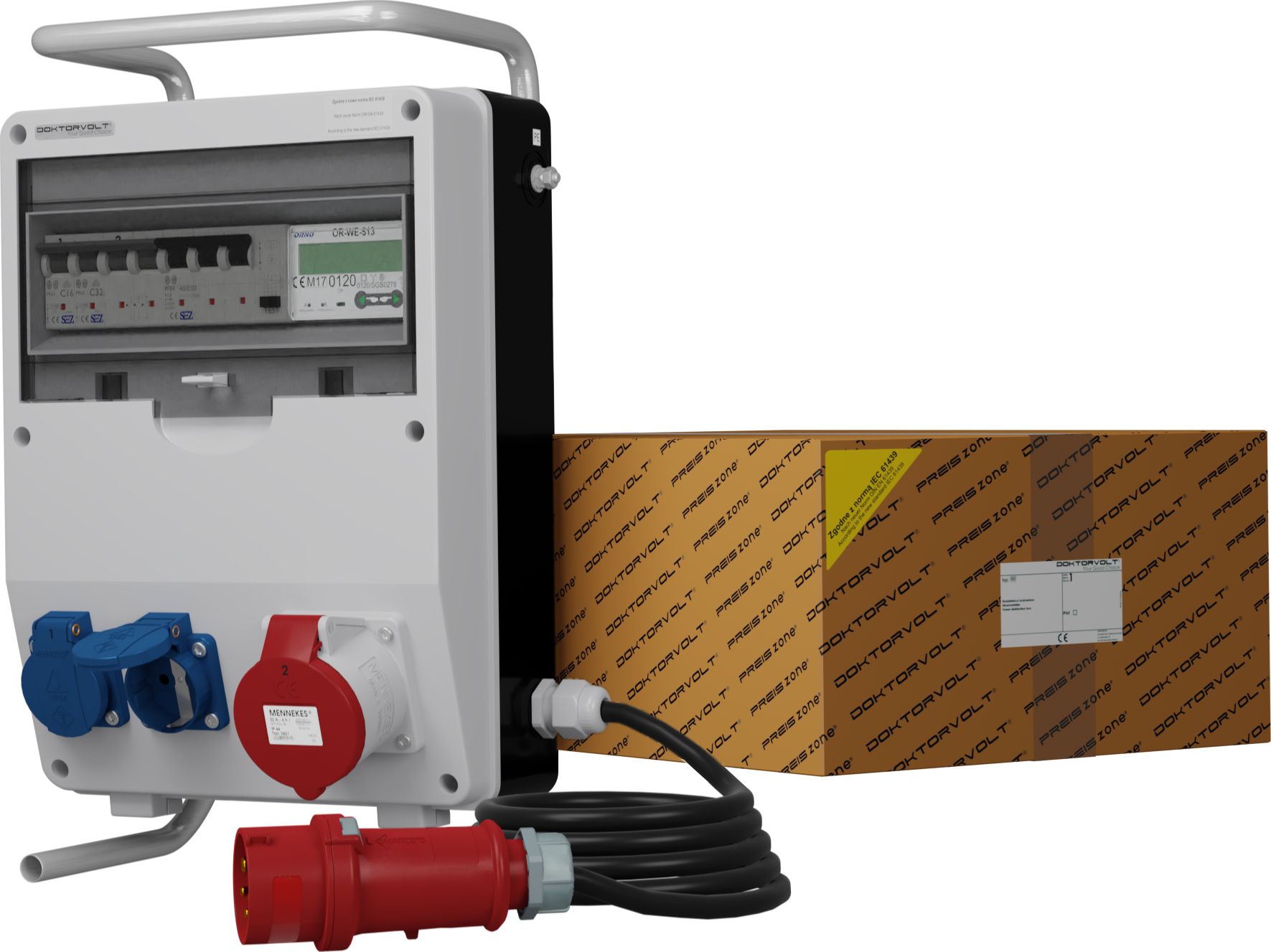 Doktorvolt Rozdzielnica budowlana na stojaku z kablem i licznikiem 3F TD-S/FI SKHU 32A 2x230V Schuko Doktorvolt 0496