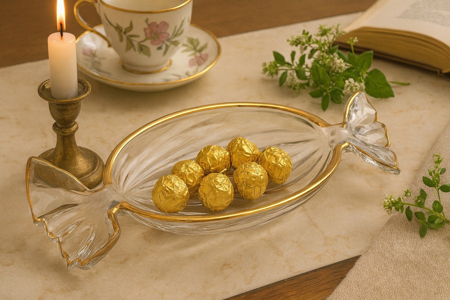 Patera szklana cukierek ze złotym paskiem 173411