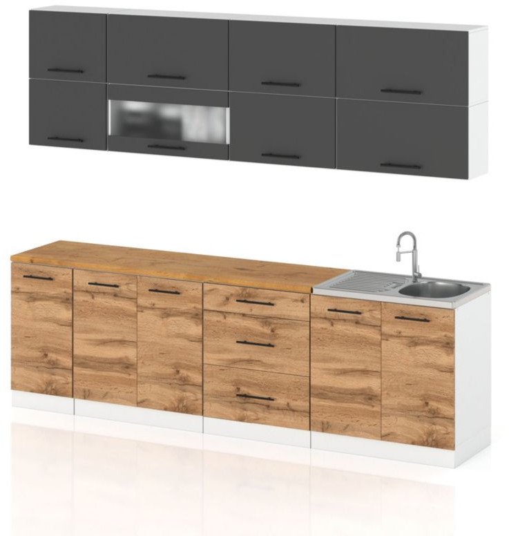 Meble Kuchenne Szare Z Drewnem Kuchnia Robo Lux 2.6m Modułowa Dąb Wotan