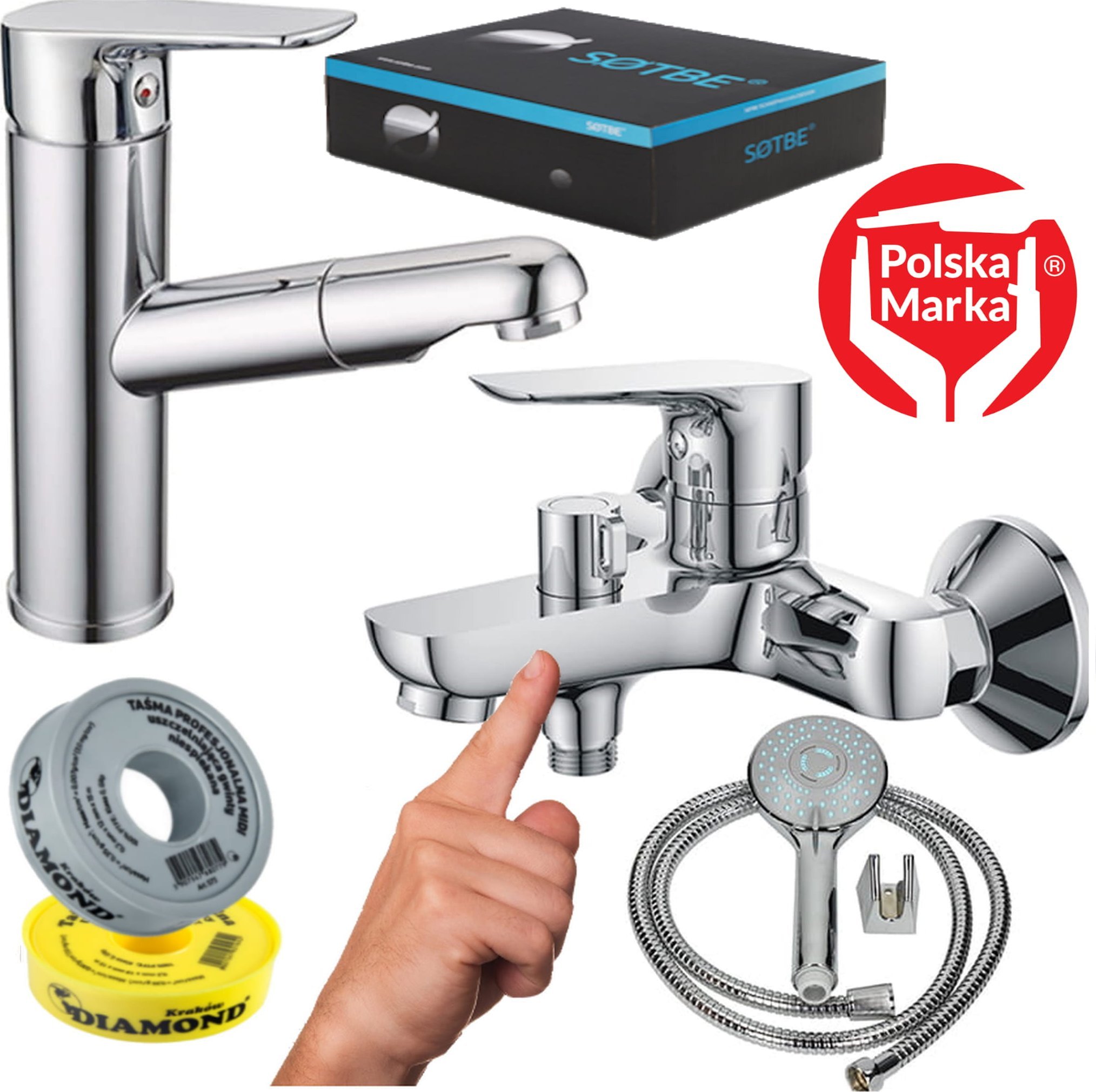 Sotbe SOTBE INARI bateria wannowa ścienna + bateria umywalkowa z wyciąganą wylewką