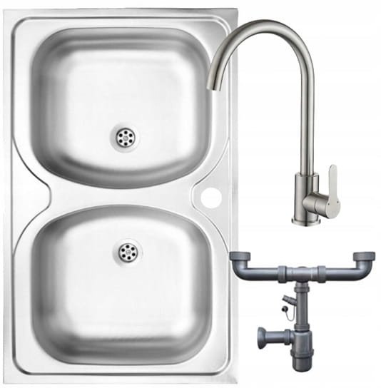 Zlewozmywak dwukomorowy stalowy 80x50 + otwór na baterię + syfon + bateria