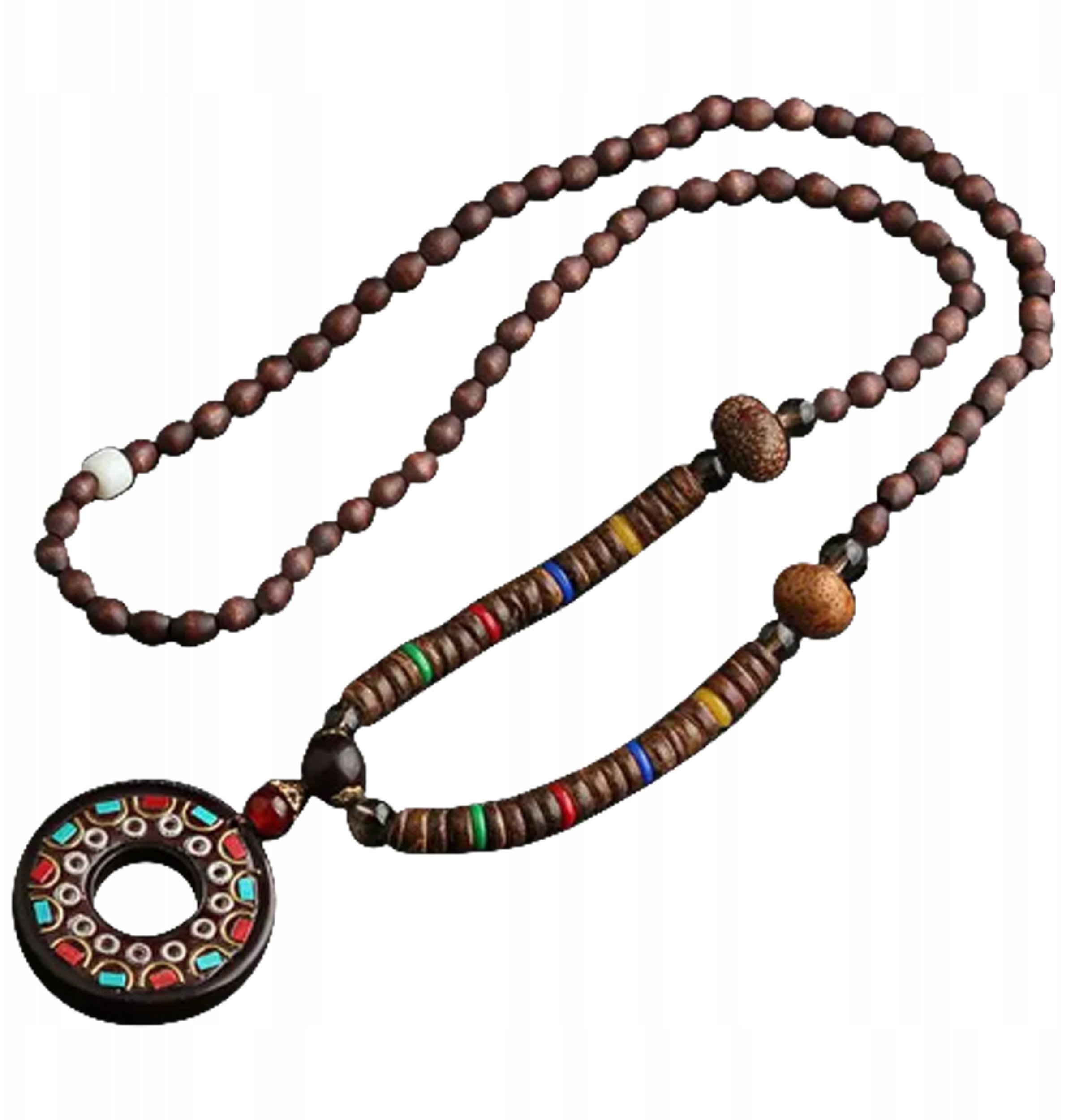 Naszyjnik Drewniany NEPAL BUDDYJSKI MALA Amulet KORALIKI RĘCZNIE WYKONANY