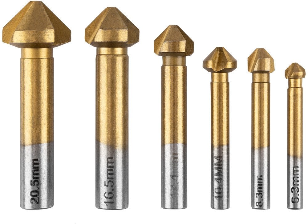 Wiertła fazujące stożkowe pogłębiacze TiN, 6.3-20.5 mm, zestaw 6 szt.