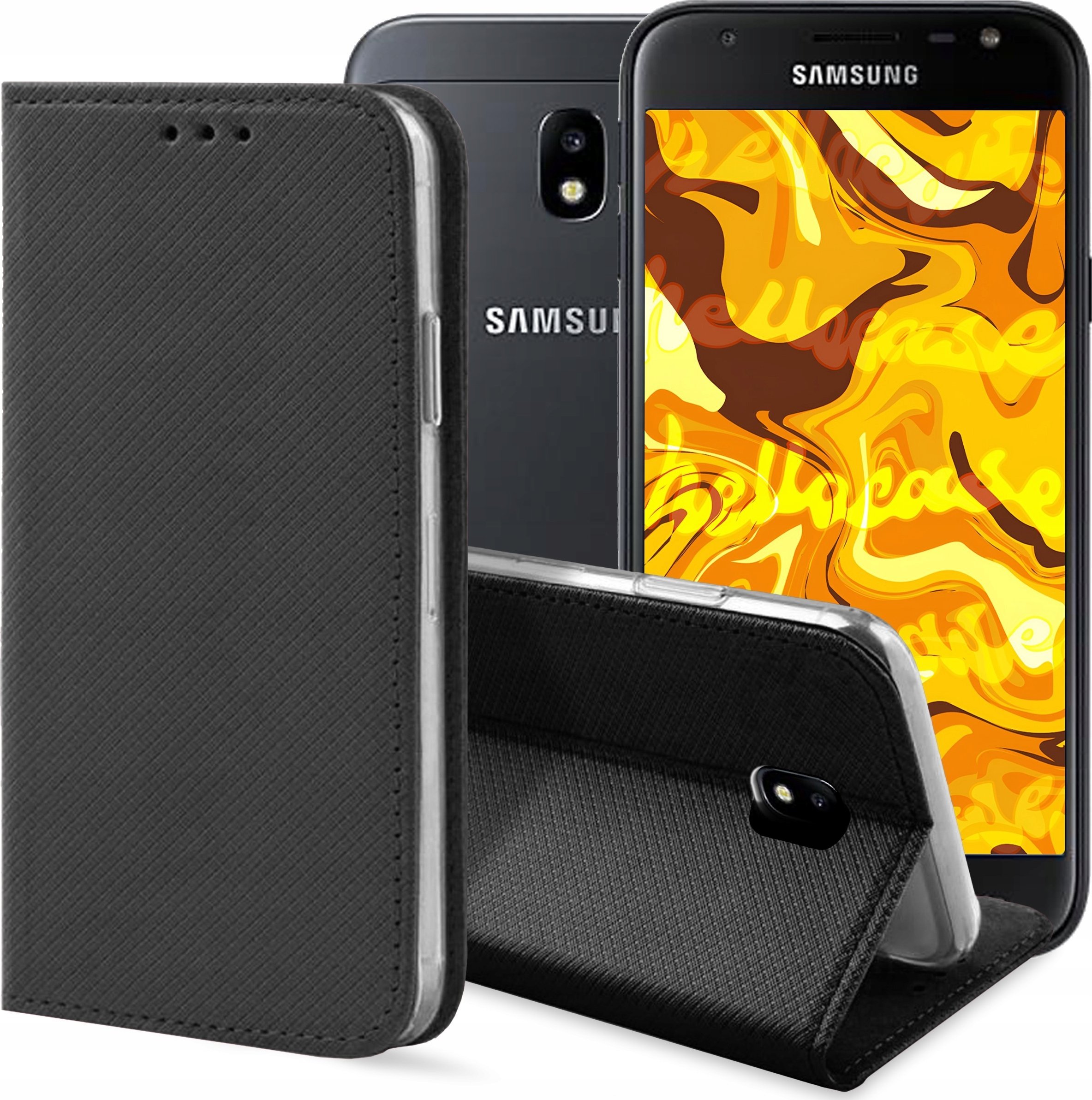 Hello Case ETUI Z KLAPKĄ DO SAMSUNG GALAXY J3 2017 CZARNE ZAMYKANE MAGNETYCZNE KABURA