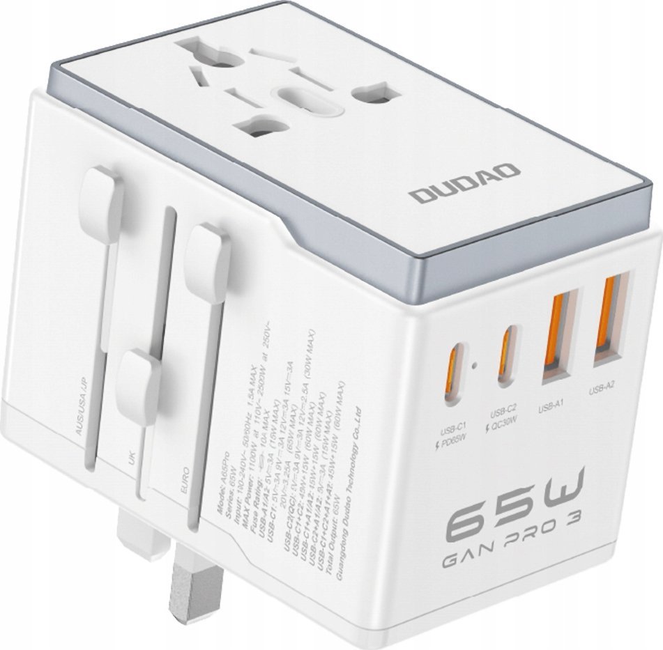 Adapter USB Dudao Adapter podróżny Dudao A65Pro 65W EU / US / JP / AUS / UK 2x USB-C 2x USB-A - biały